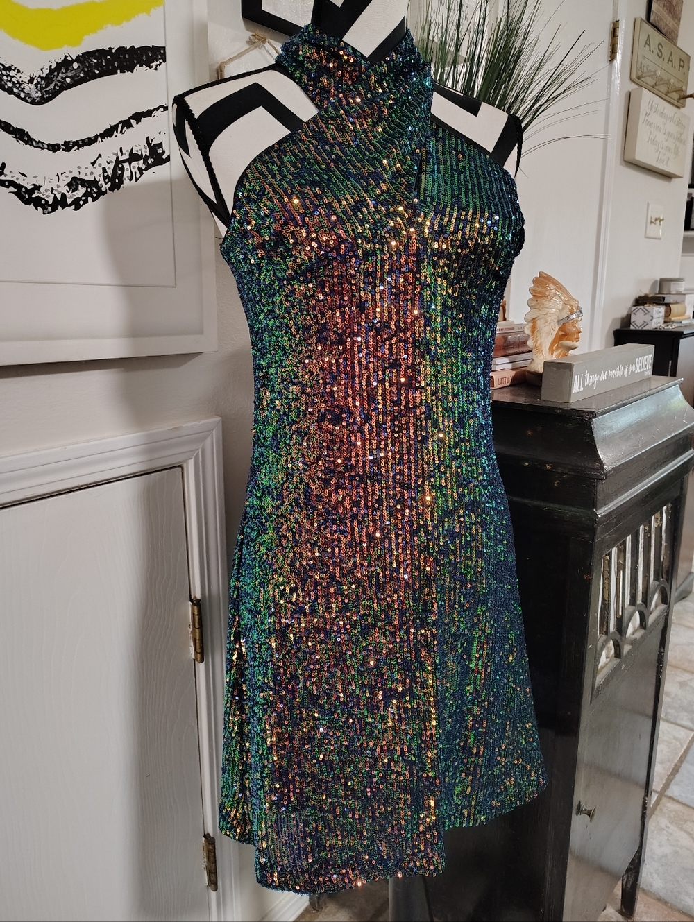 Caché Sequin Halter Mini Dress Iridescent Women's XS Mermaidcore Retro Stretch - Picture 4 of 9